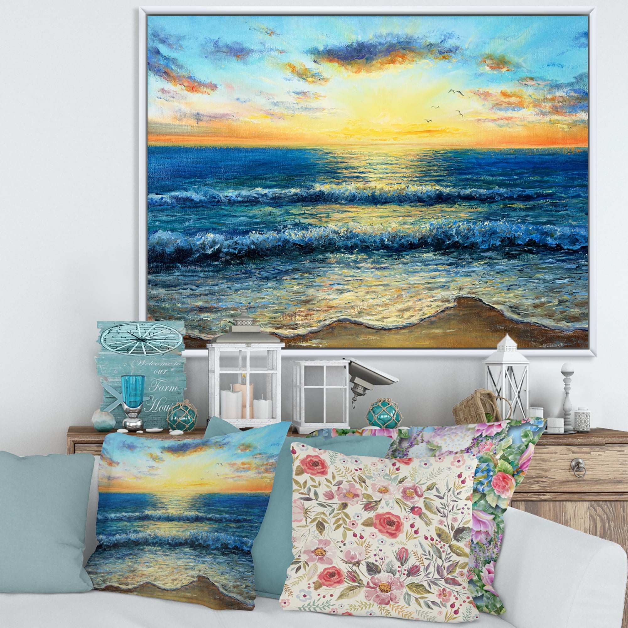 Designart 'Sunrise Glow On The Ocean Waves I' Nautical & Coastal Framed Canvas Wall Art Print
