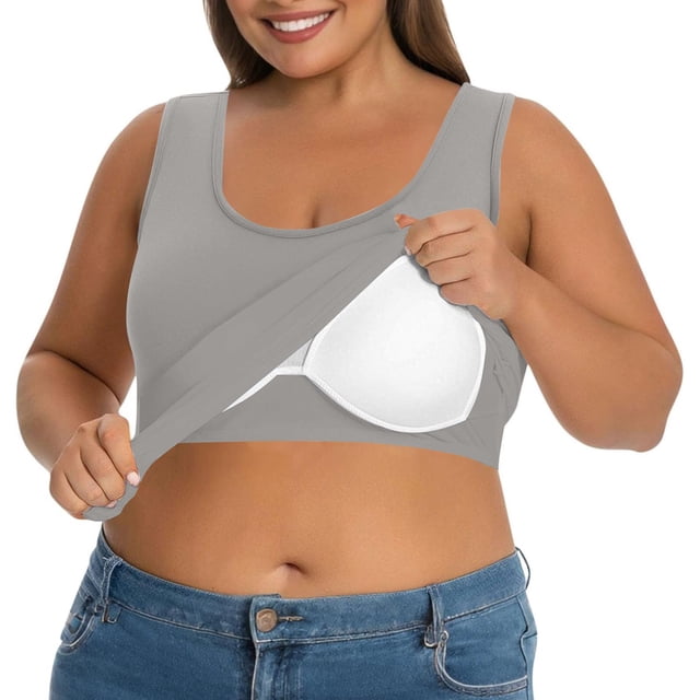 Yubnlvae Plus Size Cami with Built in Bra Womens Tank Tops Basic Camisole Vest Tank Tops with Built-In Shelf Bra Stretch Undershirtsclearance! Solid, Round Neck, Grey, L