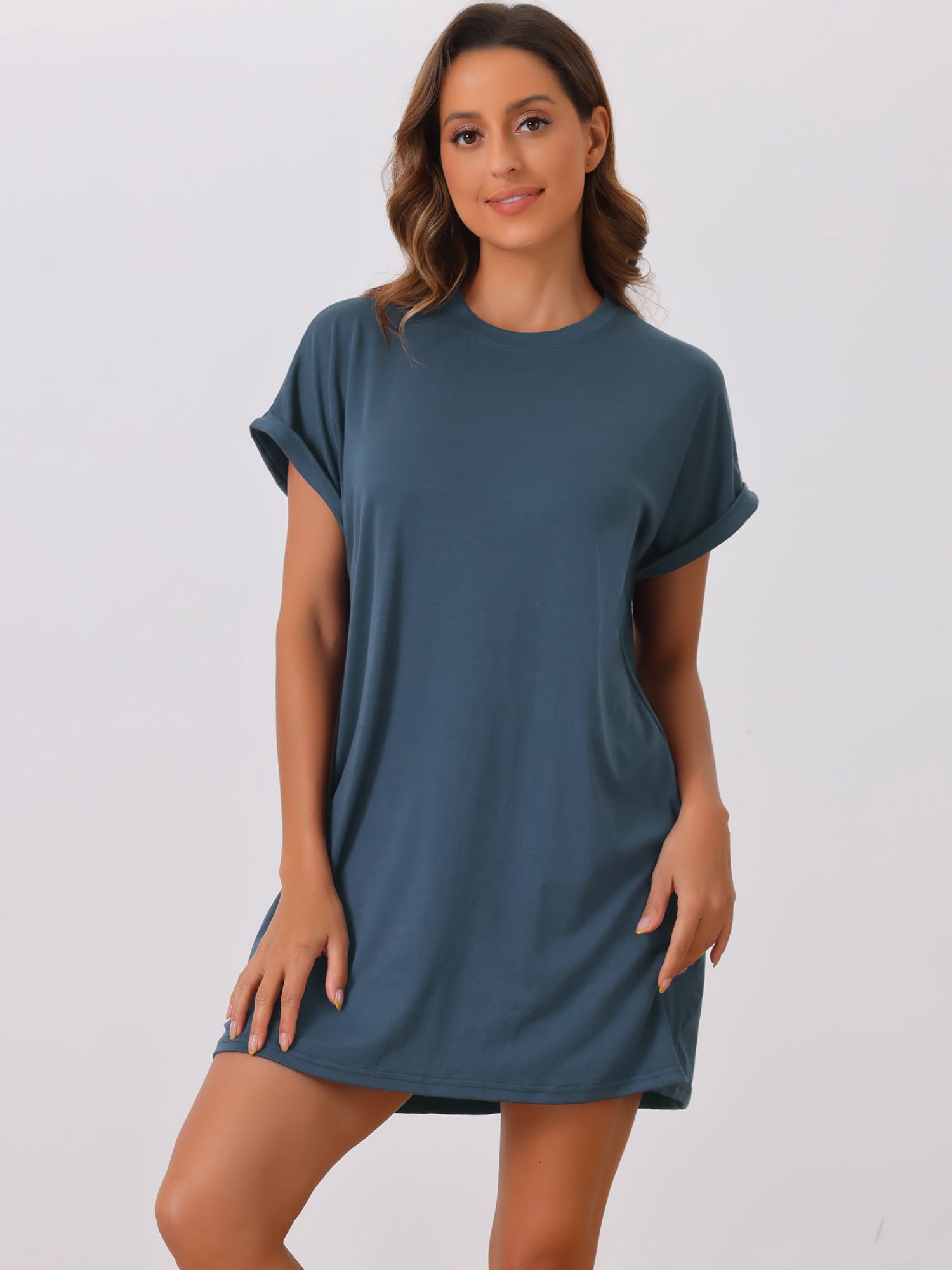 DARING DIVA Women's Short Sleeve Crew Neck Soft Night Dress with Pockets M Blue