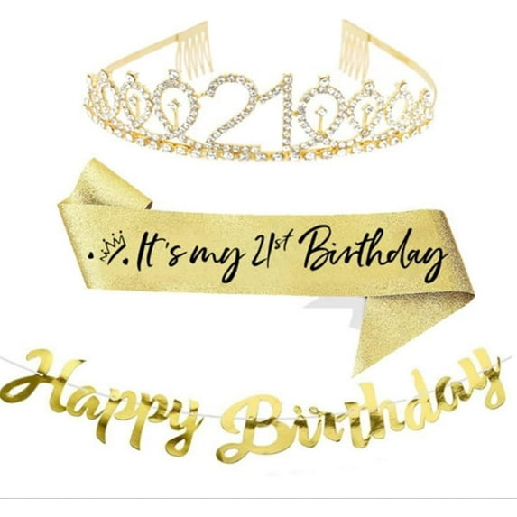 LINLIN Birthday Crown Sash and Hairpin, Birthday Crown Hen Party Set Birthday Girls Children Decoration Accessories Gift and Women Party (Crown 50, Gold)