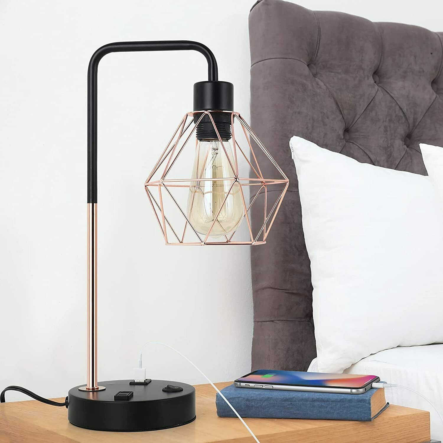 USB Bedside Table & Desk Lamp with 2 USB Charging Ports & AC Outlet for Bedroom