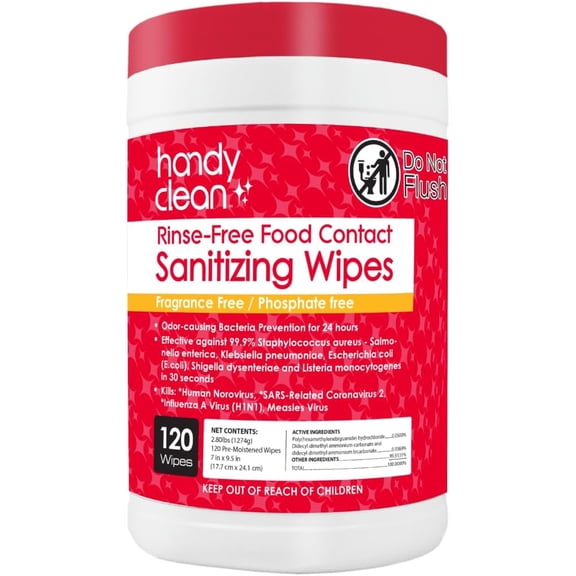 HandyClean Rinse-Free Food Contact Sanitizing Wipes Canister, Multi Surface Cleaning Supplies for Kitchen and Professional Setting One Canister (120 Wipes)