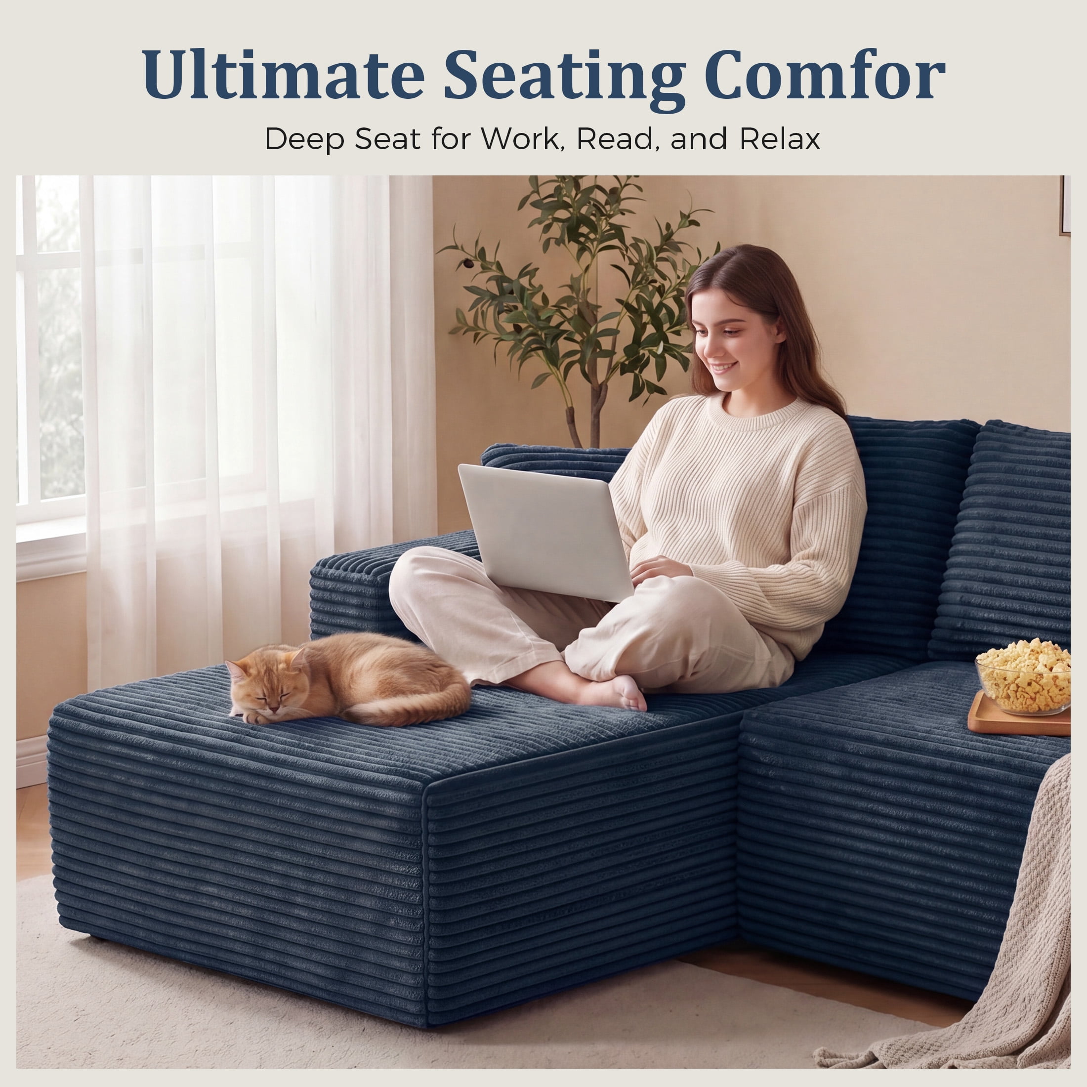 Aenkyo 95 Inch Corduroy L-Shaped Modular Sectional Sofa, Left Chaise, Blue