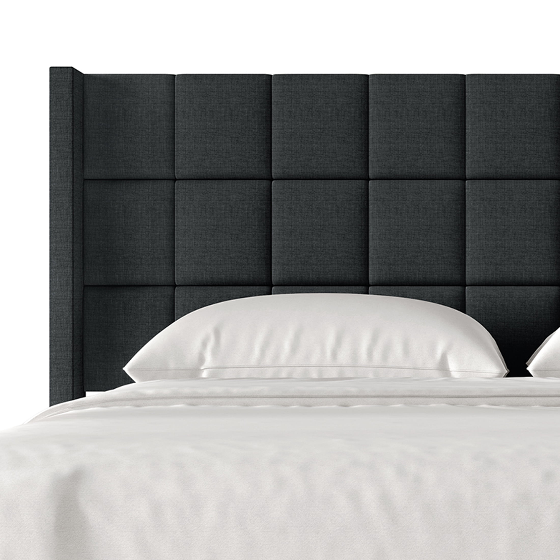Castle Place Square Grid Stitched Linen Wingback Twin Platform Bed, Charcoal Grey