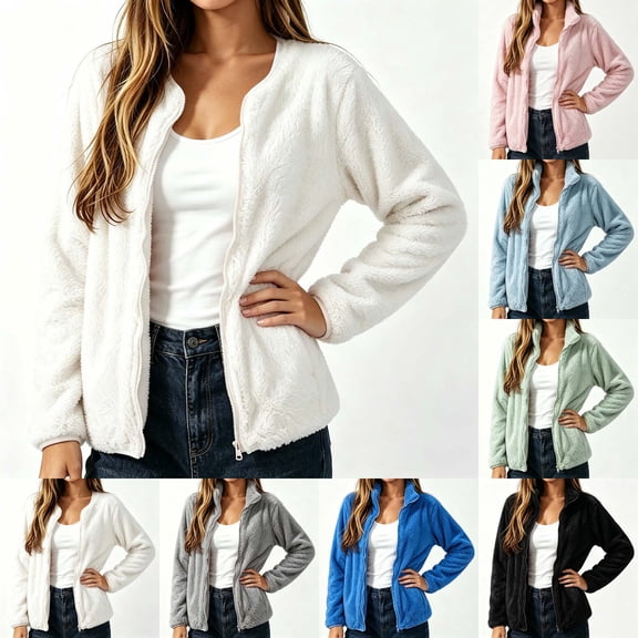 DYTTDG Women's Stand Collar Full Zip Fuzzy Fleece Jacket, Solid Long Sleeve Casual Coat with Side Pockets Lightweight Outerwear for Spring Fall Daily Outdoor Wear