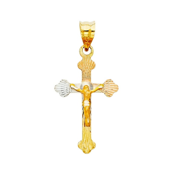 14K Tri Color Gold Diamond Cut Crucifix Jesus Cross Stamp Religious Charm Pendant for Necklace Chain | Gift for Men Women | 25 x 15 MM | 0.8 grams