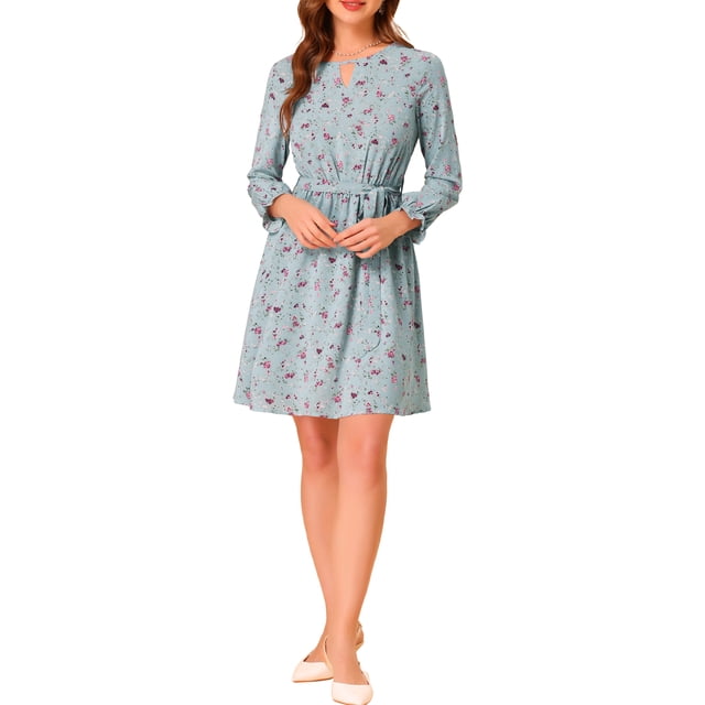 INSPIRE CHIC Women's Wear to Work Choker Belted Keyhole V Neck Floral Dress Powder Blue XL