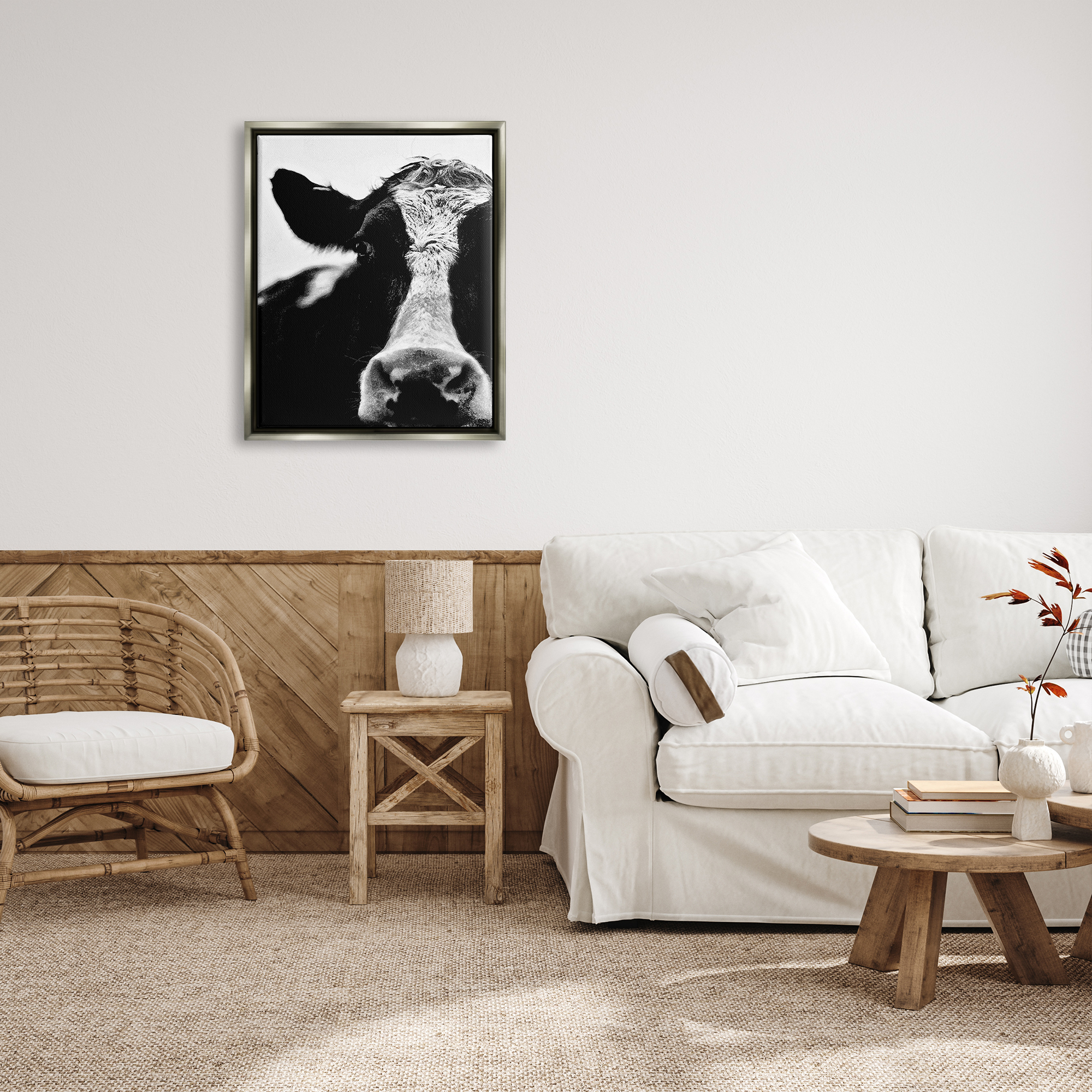 Stupell Industries Cow Black And White Close Up Luster Gray Framed Floating Canvas Wall Art, 24x30, by Lettered and Lined