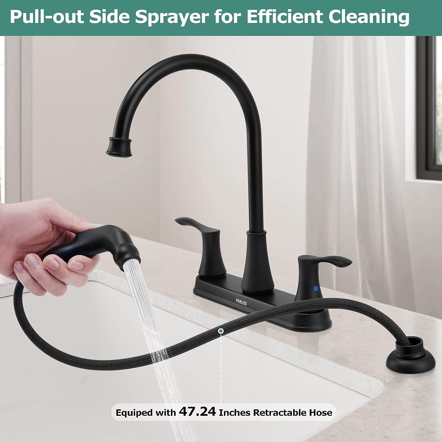 PARLOS 8 Inch Two Handles High Arch Kitchen Sink Faucet with Side Sprayer & Supply Lines, Matte Black