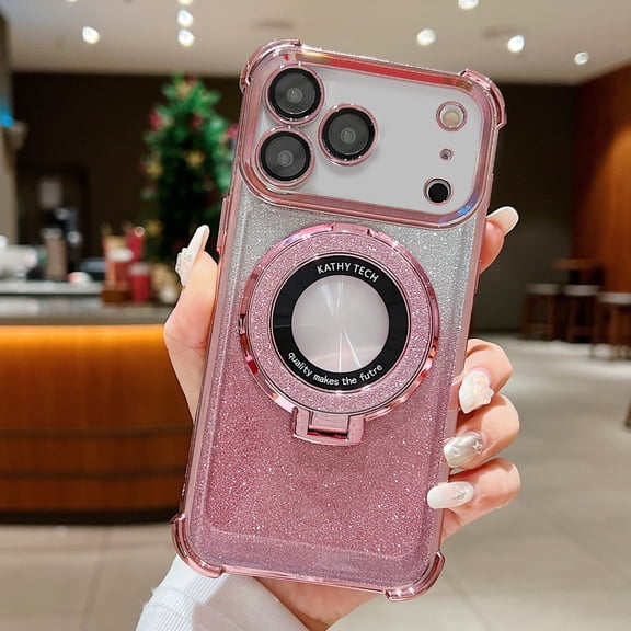 Magnetic Kickstand Glitter Case for iPhone 17 Pro Max, [Compatible with Magsafe] Luxury Bling Sparkly with Camera Lens Protector Soft TPU Women Girls Shockproof Case for iPhone 17 Pro Max,Pink
