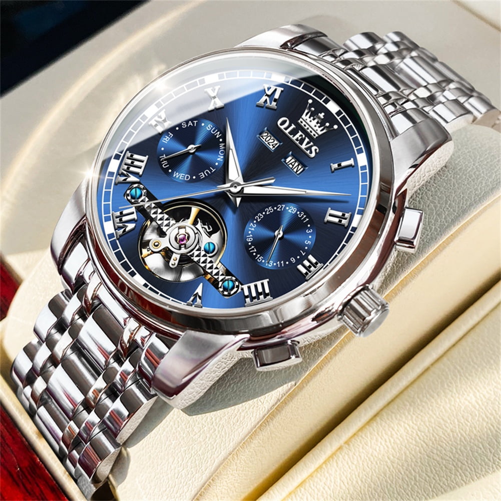 OLEVS Automatic Watches for Mens Self-Winding Mechanical Chronograph Classic Fashion Business Tourbillon Skeleton Stainless Steel Waterproof Luminous Mens Wrist Watches Reloj Para Hombre