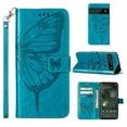 thumbnail image 1 of SaniMore Case for Google Pixel 7 Pro (6.7" 2022), PU Leather Skin with Luxury Embossed Butterfly [Wrist Strap & Card Slots & Flip Kickstand] Full-body Shockproof Business Wallet Cover, Blue, 1 of 8