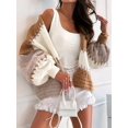 thumbnail image 5 of Women'S Contrasting Retro Cardigan Sweater, Loose V-Neck Lantern Sleeves, Thick Knit, Everyday Coat Khaki S, 5 of 9