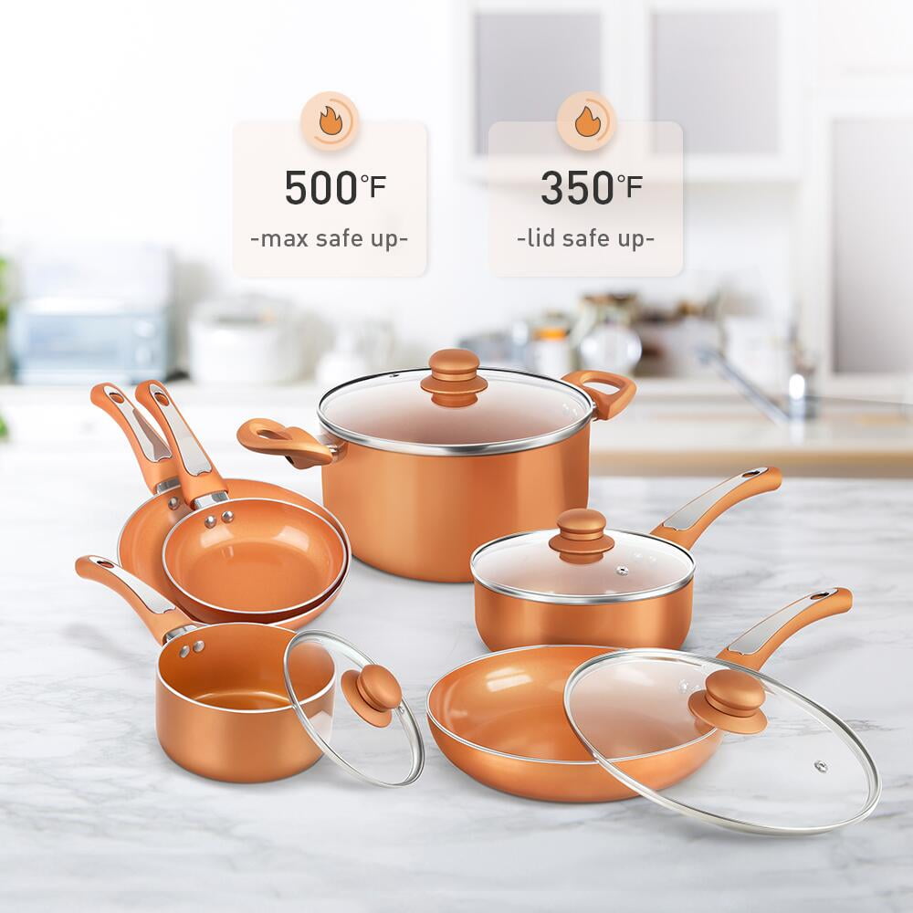 FGY 10 Pcs Copper Nonstick Cookware Set Stock Pots and Pans Set w/ Lids Ceramic 