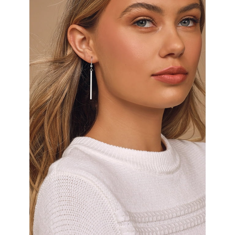 FOCALOOK Silver Vertical Bar Earrings for Women Hypoallergenic Minimal Long Thin Drop Dangle Earrings