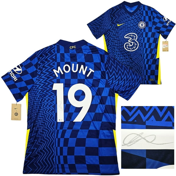 Chelsea F.C. Mason Mount Autographed Blue Nike Jersey Size L in Silver Beckett BAS 196474
