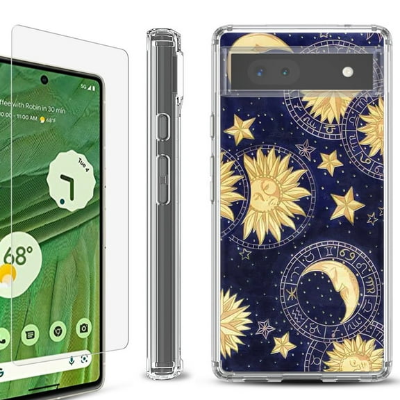 Shockproof Bumper Phone Case for Google Pixel 6a, with Tempered Glass Screen Protector, by OneToughShield ® - Moon Sun Star