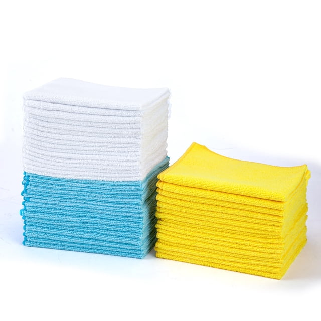 Amazon Basics - Paños de limpieza de microfibra, no abrasivos, reutilizables y lavables, paquete de 48, 12 x 16 pulgadas, azul, blanco y amarillo