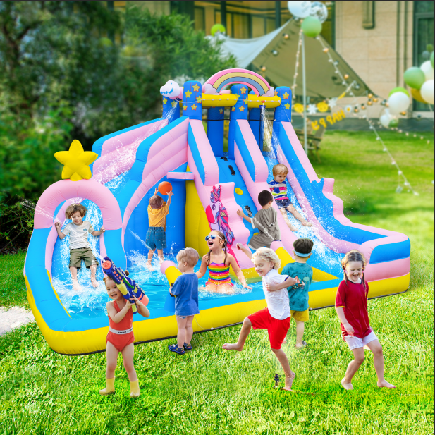 Inflatable Water Slide: 6 in 1 Bounce House Water Park for Kids - Climbing Wall Splash Pool 2 Water Cannon 2 Slide Basketball Rim - 550W Blower - for Outdoor Backyard Birthday Party