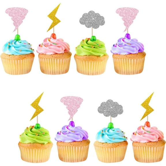 12pcs Tornado Cupcake Toppers, Lightning Cloud Cupcake Toppers, Pink Glitter Weather Cake Decoration for Baby Shower, Girl Tornado Themed 2nd /4th Birthday Party Supplies