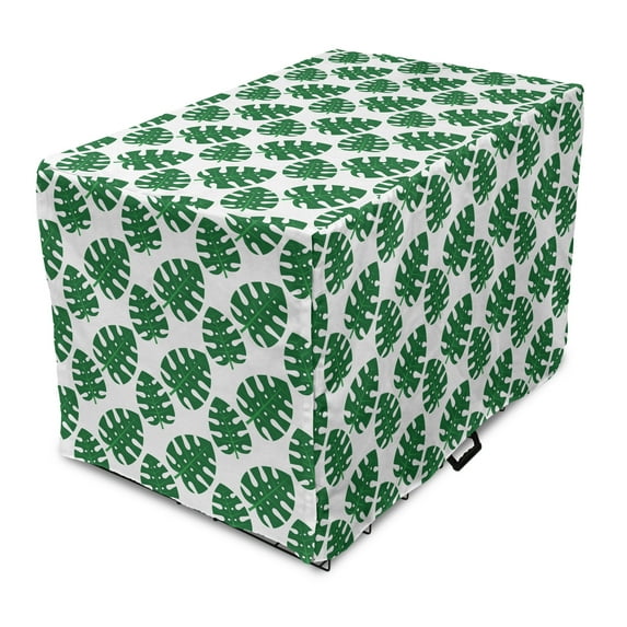 Philodendron Dog Crate Cover, Continuous Pattern of Cartoon Style Jungle Leaves Simple Nature Ornament, Easy to Use Pet Kennel Cover Small Dogs Puppies Kittens, 7 Sizes, Green and White, by Ambesonne
