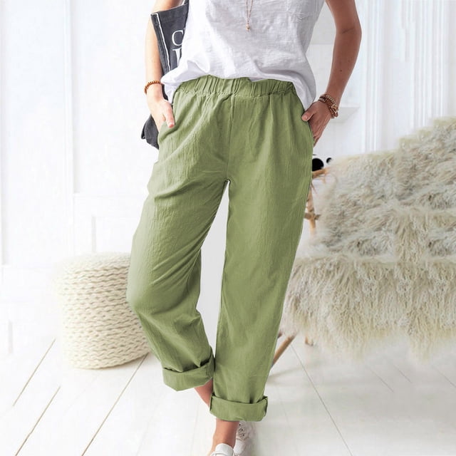 LOVZFMLL Women's Pants, Casual Solid Color Pocket Elastic Waist Comfortable Straight Pants Yellow, XL