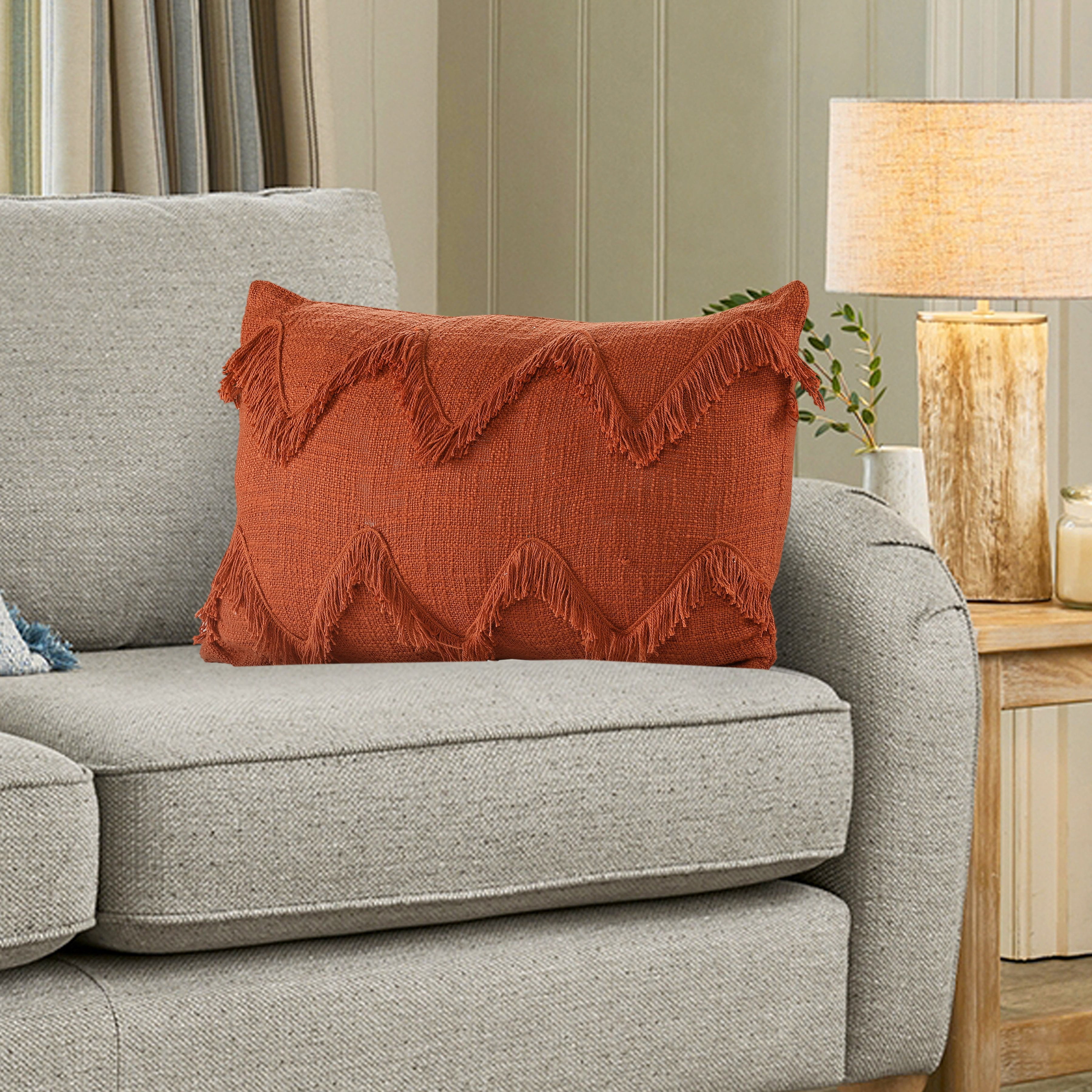 Ox Bay Avani Burnt Orange Bohemian Cotton Fringed Adult Decorative Lumbar Pillow, 14" x 20"