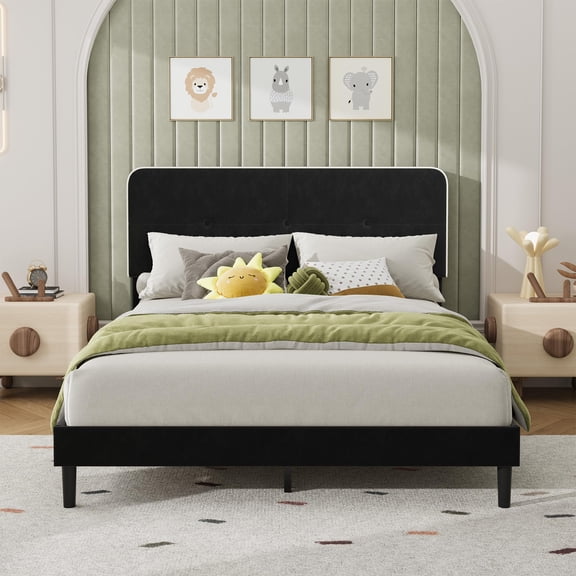 Adjustable Metal Box Spring Platform Bed Frame with Velvet Headboard, Adjustable Height Wooden ...