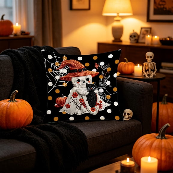 TTJ Halloween Pillow Covers 18x18 Inch, Imitation Embroidery Printed Linen Throw Pillowcase, Spooky Pumpkin Ghost Cushion Cover for Sofa Couch Bed Home Fall Decor(A)
