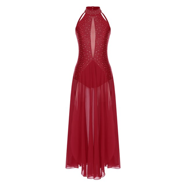 YiZYiF Costume de Danse Lyrique Long pour Femmes, Dos Croisé Fendu, Robe de Bal Moderne, Bourgogne TP