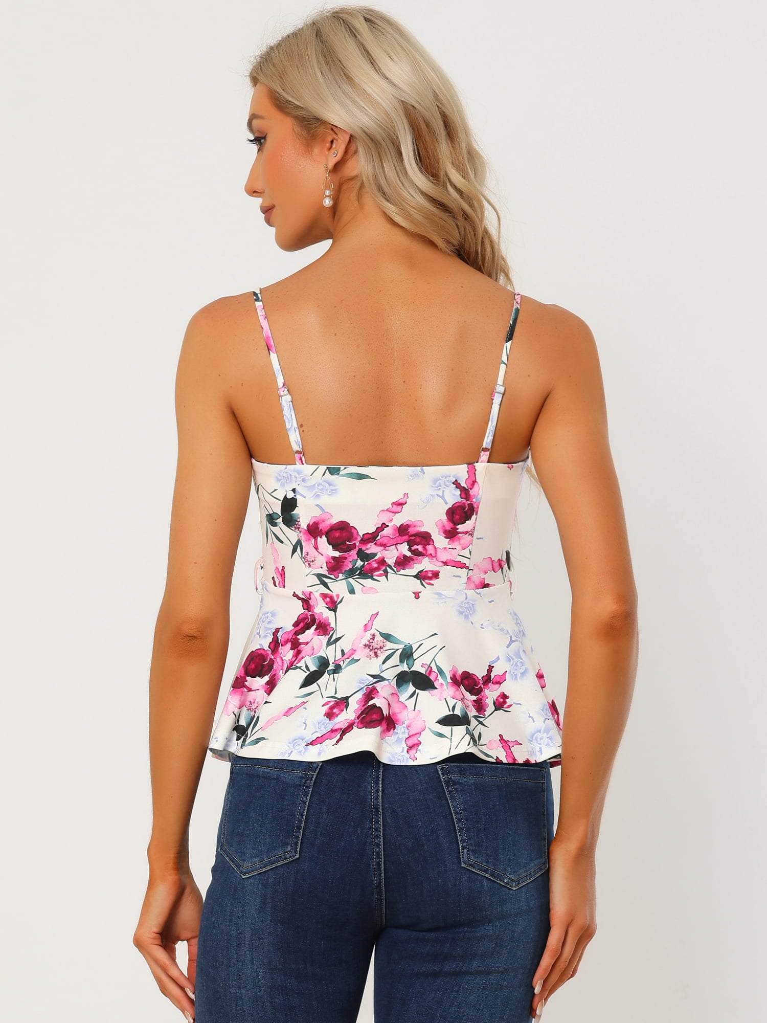 DARING DIVA Women's Floral Sleeveless Tie Waist Peplum Tank Top XL Beige