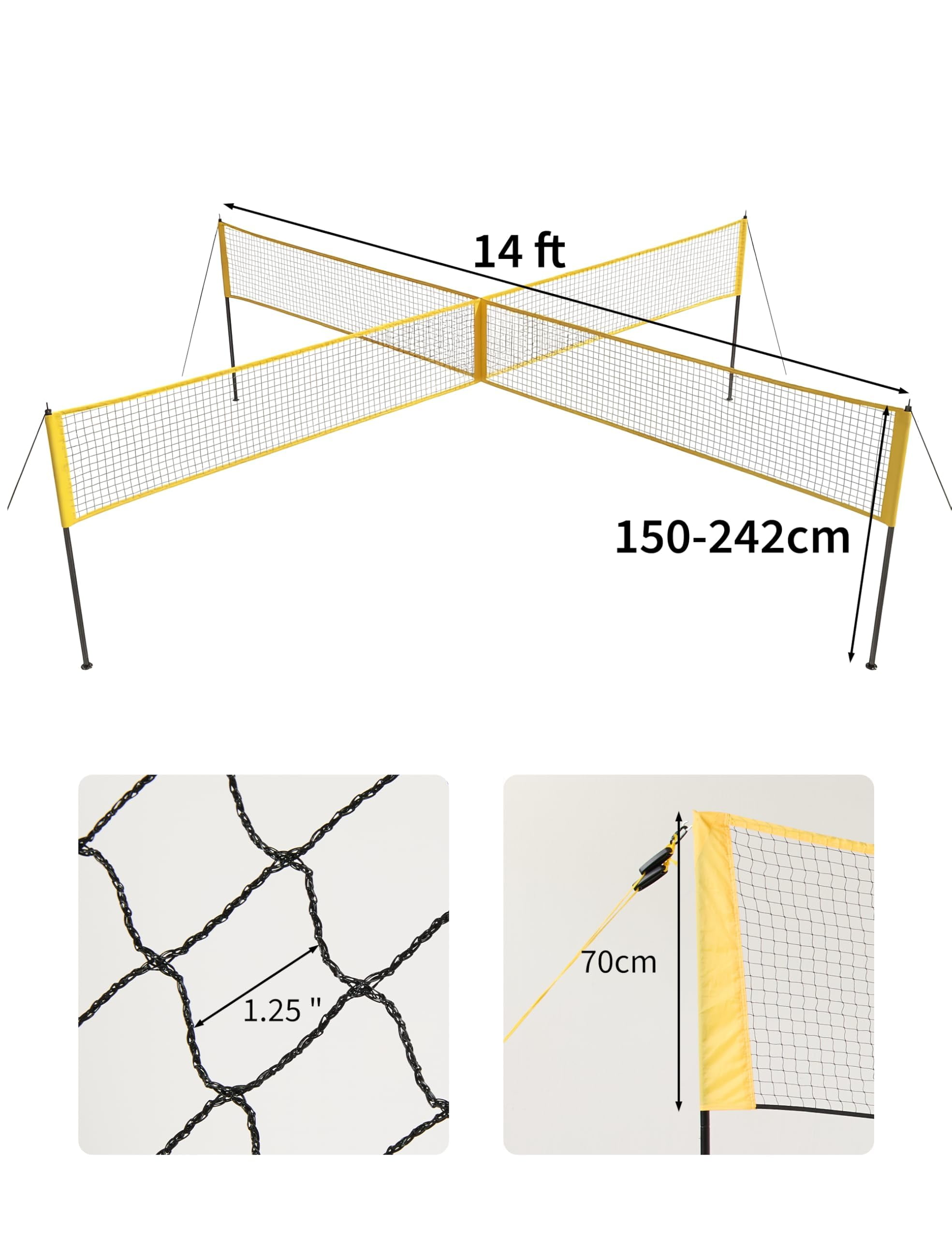 Garvee Portable 4 Square Volleyball Game Set - 14 FT 4-Way Adjustable Height Net for Backyard, Beach, Lawn - Durable Frame, Full Accessories, Family Use - Volleyball Equipment - Yellow