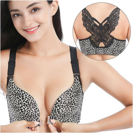 

Muxika Women s Front Closure Wireless Bra Leopard Print Butterfly Back Bras for Women Sexy Push Up Shaping Wire Free Everyday Bra