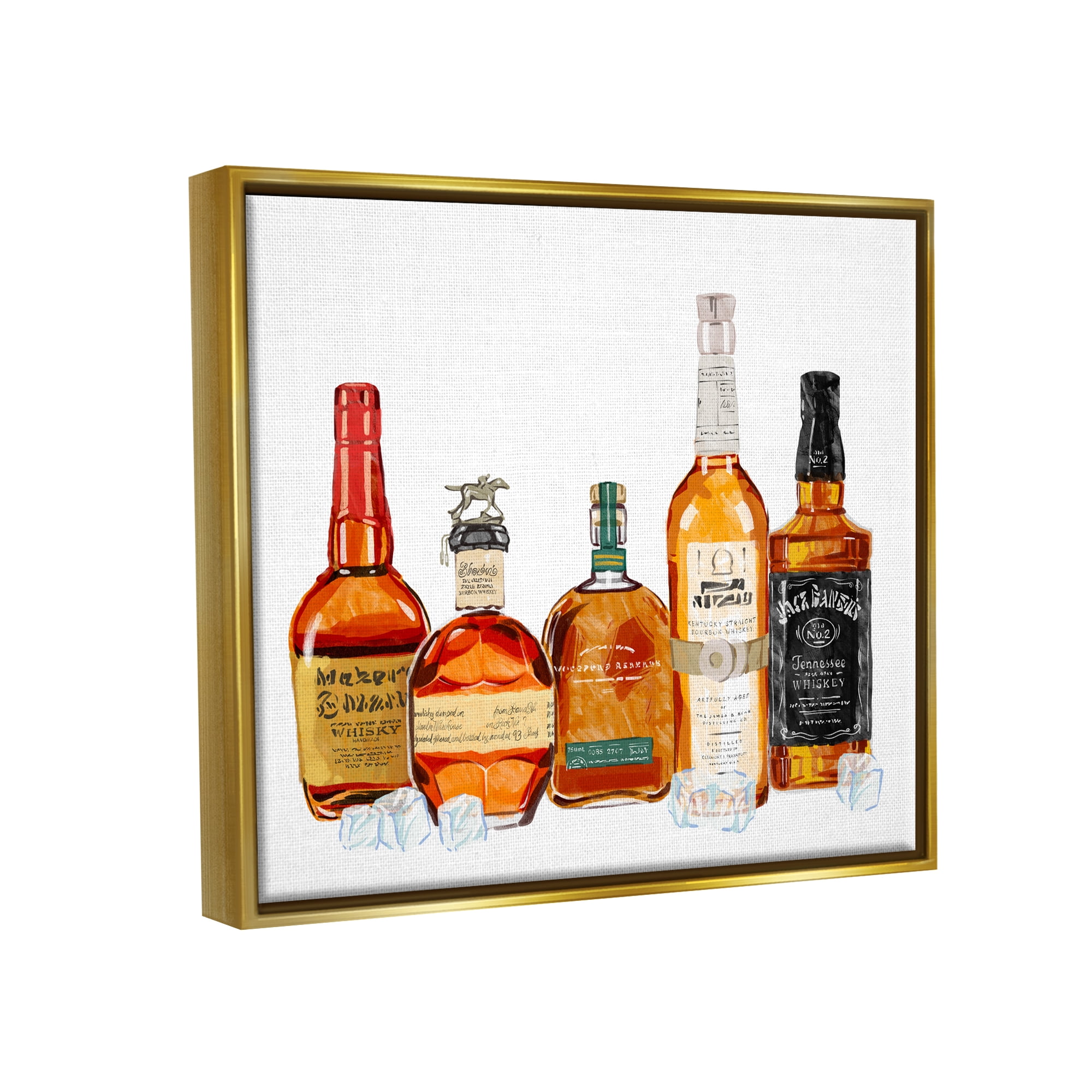 Stupell Industries Whiskey Bottles & Ice Cubes Food & Beverage Painting Gold Floater Framed Art Print Wall Art, 31 x 25