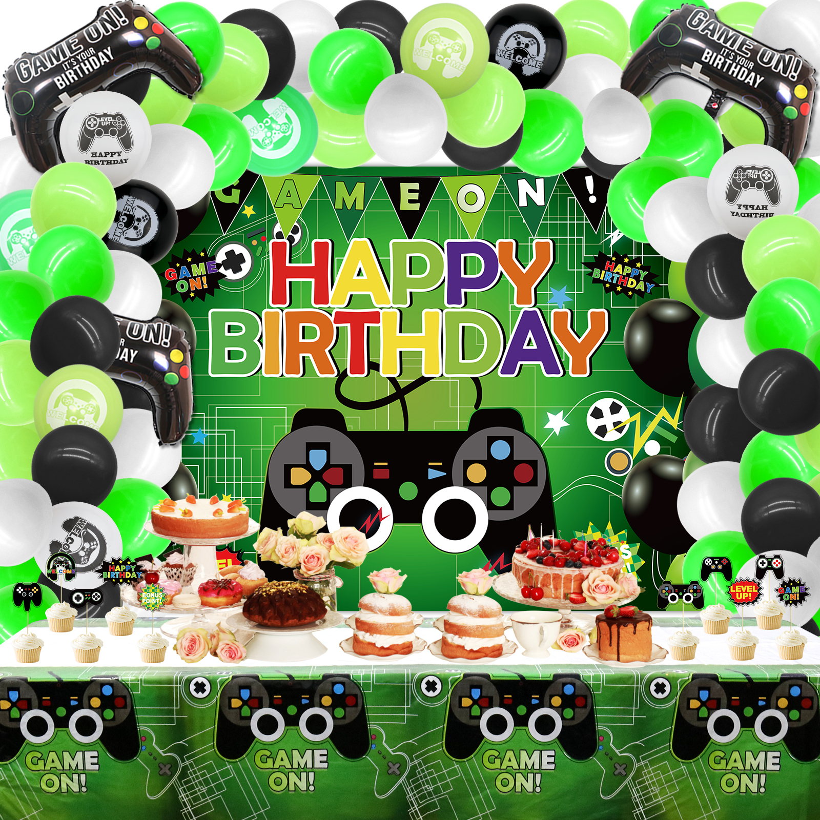 Hegbolke Video Game Happy Birthday Party Decoration Kits, Green, 82 Count