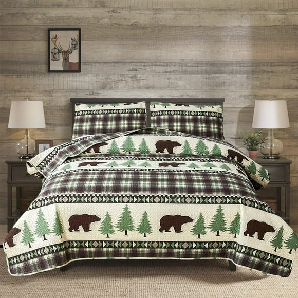 Junsey Ensemble de Courtepointes Ours Cabin Taille Full/Grand, Couvre-Lit Léger à Carreaux Literie Rustique Lodge Drap de Lit Forêt Arbre avec Taies d'Oreiller (Beige Brun, Full/Grand)