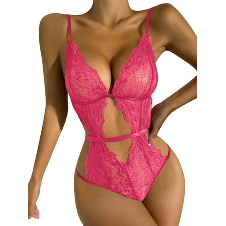 

Grianlook Ladies Lingerie Lace Sleepwear Deep V Bodysuit Club Babydoll Teddy Nightwear Rose Red L