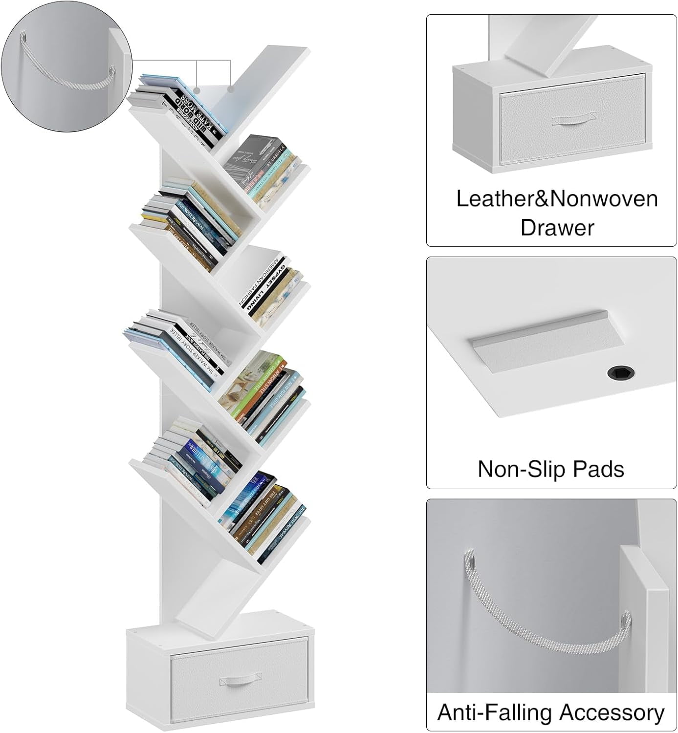 Greenstell 9-Tier Wooden Bookcase with Drawer, Free Standing Tree Bookshelf, White