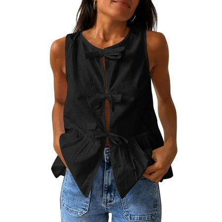 JGGSPWM Women s Sleeveless Bow Tie Front Peplum Tank Top Loose Fit Cut Out Babydoll Blouse Summer Shirt Y2K Ruffle Hem Lace Up Vest Black L