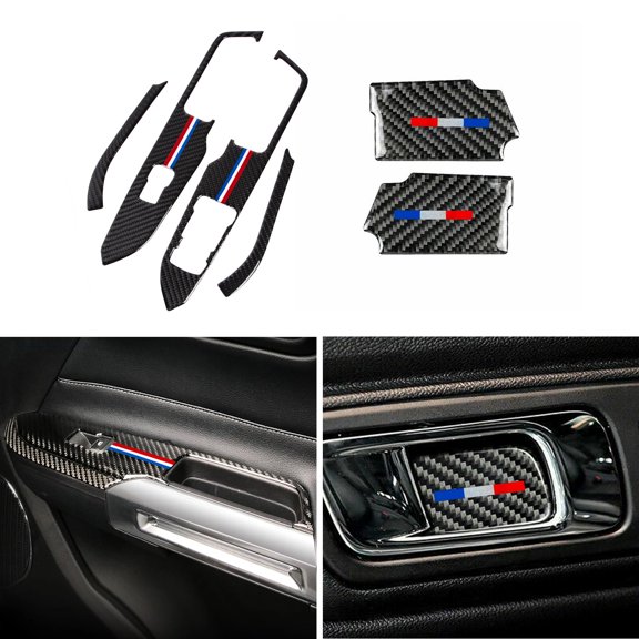 Xotic Tech Set Real Carbon Fiber w/ Tri Color Strip Interior Handle Bowl Window Lift Control Panel Accessories Cover Trim Combo Kit, Compatible with Ford Mustang 2015-2023