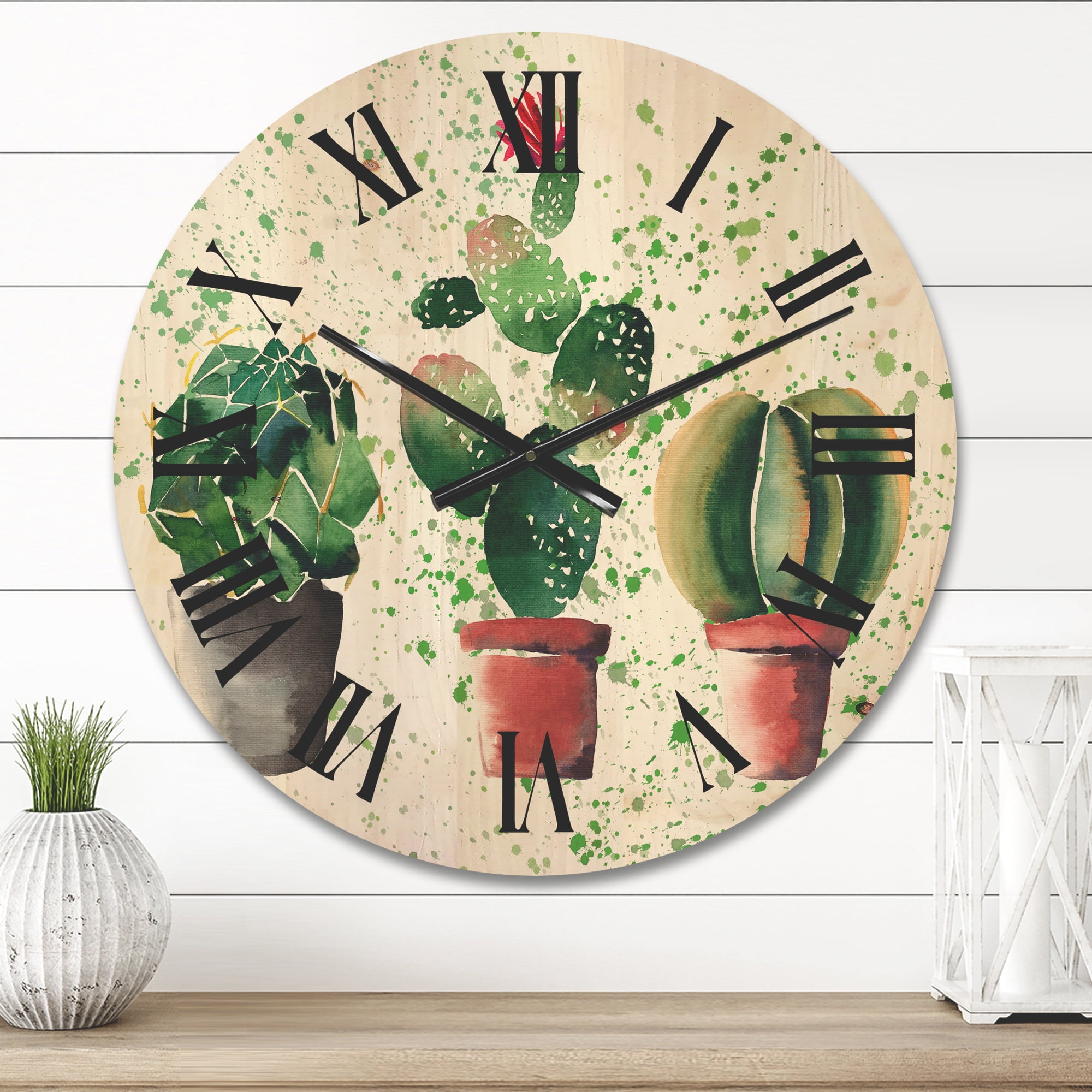 Designart 'Three Cacti In Clay Pots With Green Dots' Traditional Wood Wall Clock