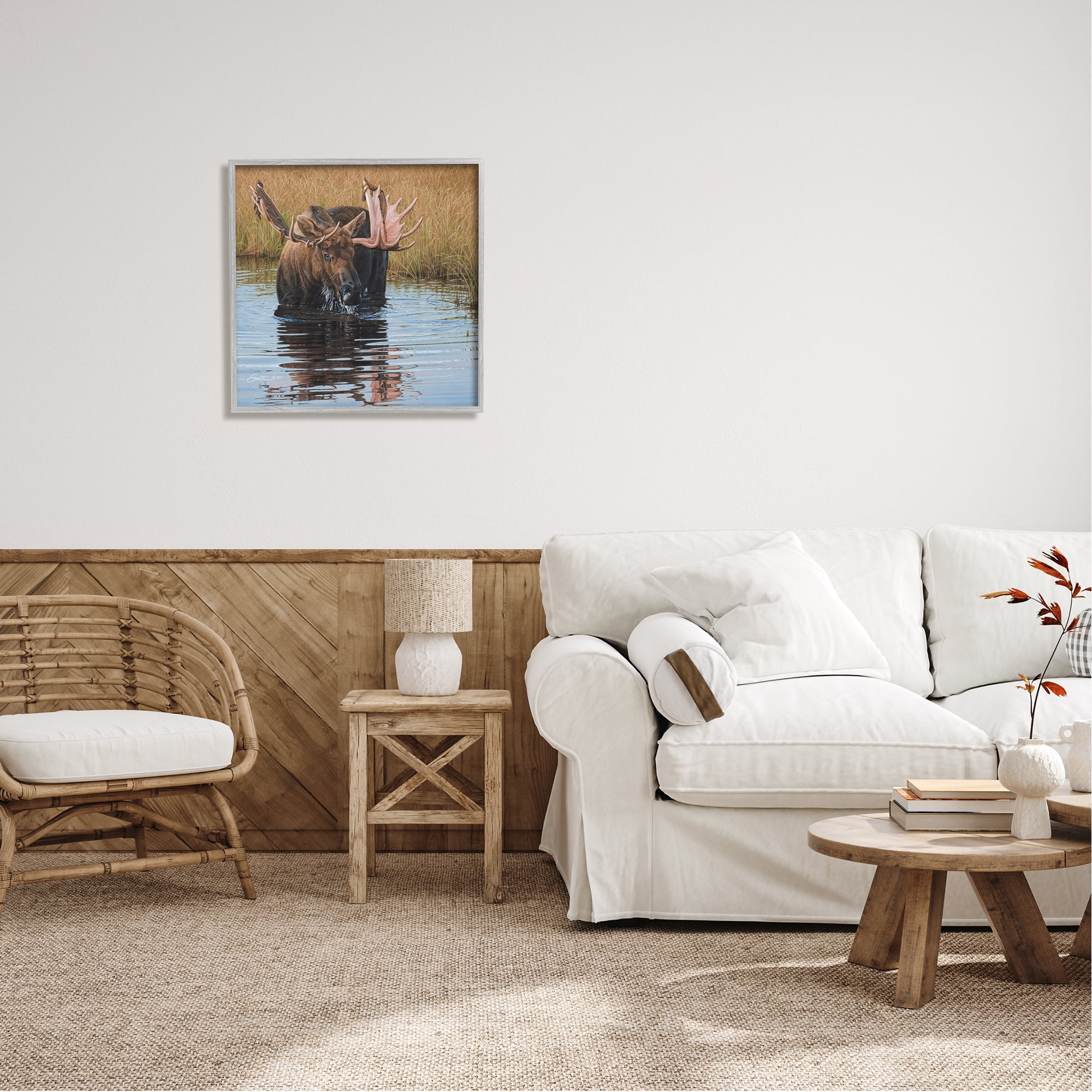 Stupell Industries Moose In Water Wildlife Scene Animals & Insects Painting Gray Framed Art Print Wall Art