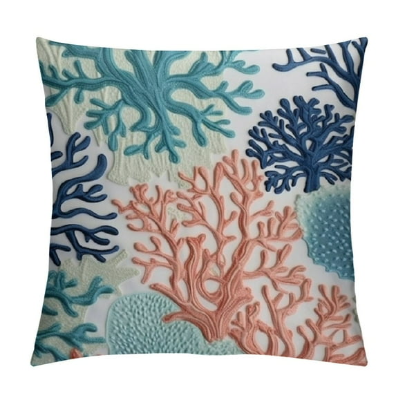 Creowell  Beach Throw Pillow Covers, Coastal Coral Branch Ocean Themed Pillowcase Luxury Decorative Cushion Cover for Couch Bed Sofa Farmhouse Decoration 12x12in