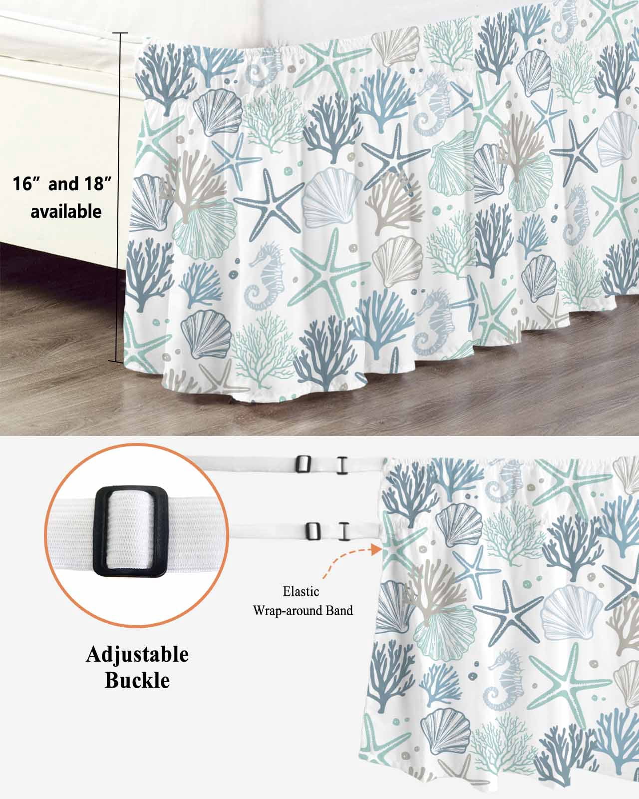 Aqua Teal Coastal Bed Skirt Cal King Size, Summer Beach Starfish Coral Nautical Wrap Around Bed Skirting with Adjustable Elastic Strap, Dust Ruffled Pleated Bedskirts 16 Inch Drop for Bedroom Beds