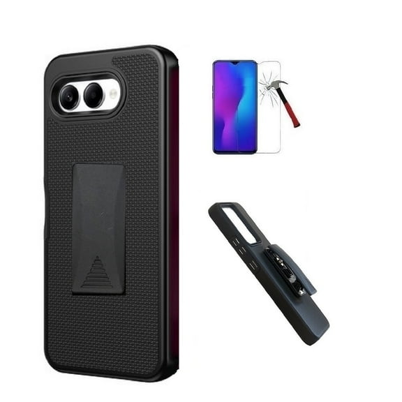 Phone Case for T-Mobile REVVL 8 5G, Black Dual Layer Shockproof 360-Degree Rotating Belt Clip Case Cover with Kickstand   Tempered Glass