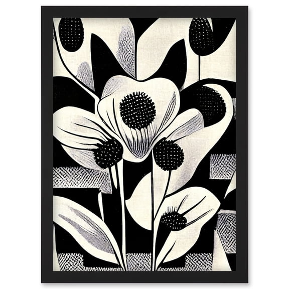 Monochrome Black White Abstract Retro Flower Pattern Artwork Framed Wall Art Print A4