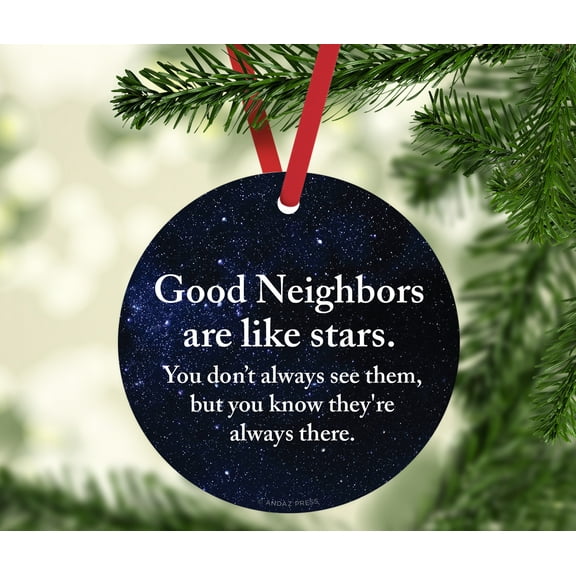 Round Metal Christmas Ornament, Good Neighbors are Like Stars, Purple Blue Galaxy, 1-Pack