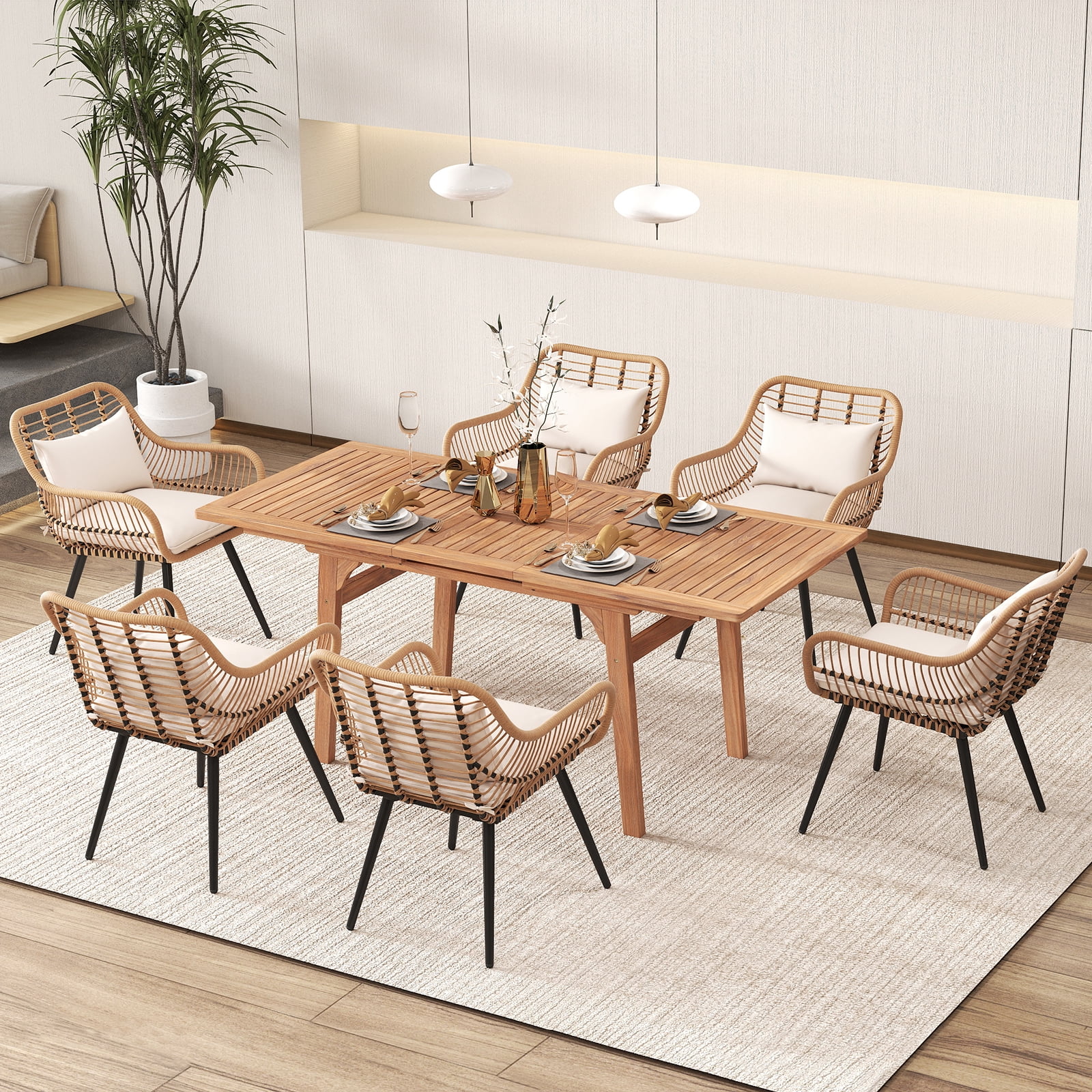Outdoor Dining Set for 6, Extendable Wooden Table with Wicker Patio Chairs, 7-Piece Patio Outdoor Furniture Set for Deck, Garden, Backyard, Creamy White