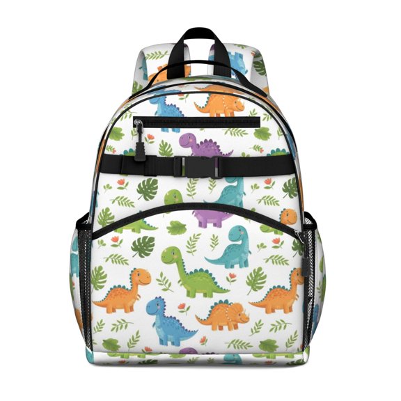 White Floral Dinosaurs Pattern Cute School Backpack Bag for School with Padded Back and Adjustable Shoulder Straps 15.25"x11.5"x5.25"