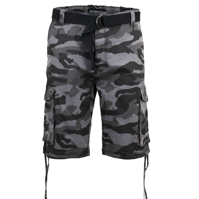 Victorious Men's Belted Twill Camo Cargo Short DS2065 - Black - 28 